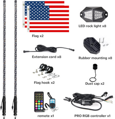 2PCS LED Chasing Light Whip Lights+210 Degrees Wide Angle Rock Lights Kits for ATV/UTV