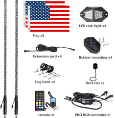 2PCS LED Chasing Light Whip Lights+210 Degrees Wide Angle Rock Lights Kits for ATV/UTV